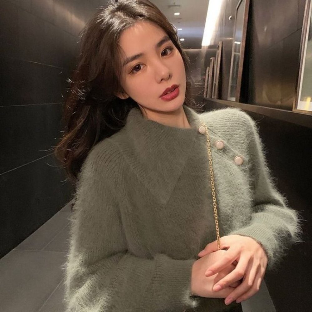Green Asymmetric Collar Buttoned Fuzzy Sweater